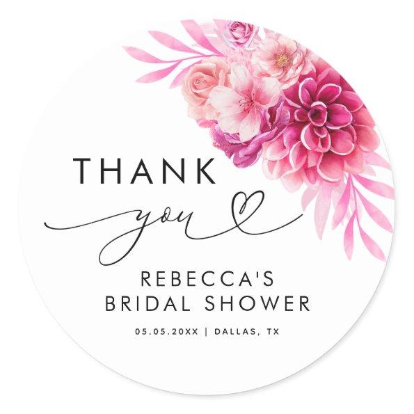 Bright Hot Pink Floral Bridal Shower Thank You Classic Round Sticker