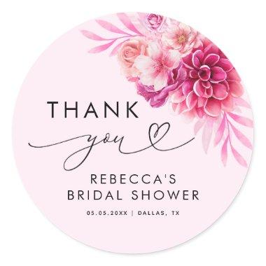 Bright Hot Pink Floral Bridal Shower Thank You Classic Round Sticker