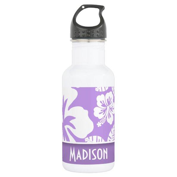 Bright Lavender Tropical Hibiscus; Personalized Stainless Steel Water Bottle