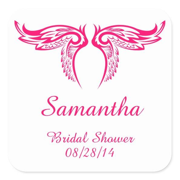 Bright Pink Decorative Wings Bridal Shower Square Sticker