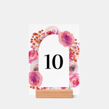 Bright Pink Floral Arch Table Number on Wood Stand