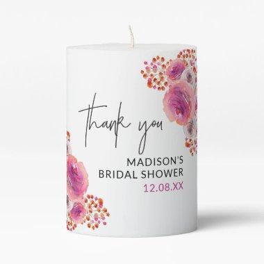 Bright Pink Floral Bridal Shower Thank You Favor Pillar Candle