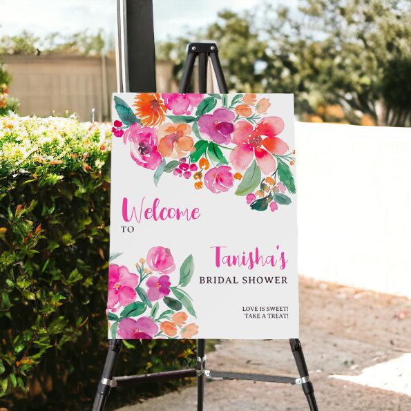 Bright pink floral script bridal shower welcome foam board