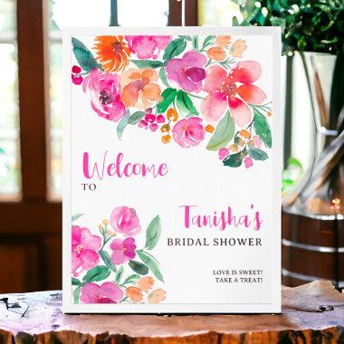 Bright pink floral script bridal shower welcome poster