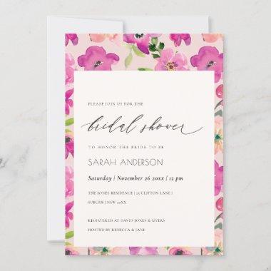 Bright Pink Fun Watercolor Floral Bridal Shower Invitations