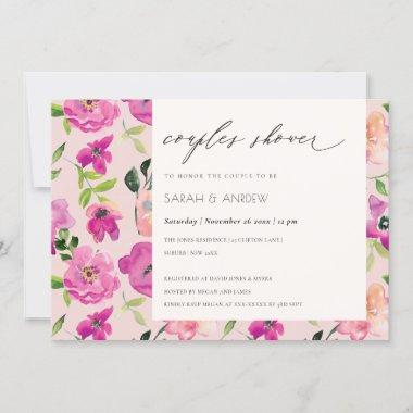 Bright Pink Fun Watercolor Floral Couples Shower Invitations