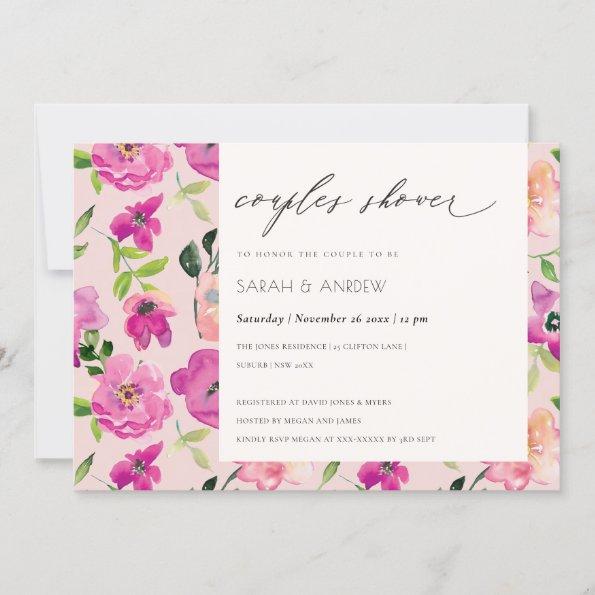 Bright Pink Fun Watercolor Floral Couples Shower Invitations