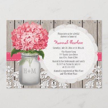 Bright Pink Hydrangea Mason Jar Bridal Shower Invitations
