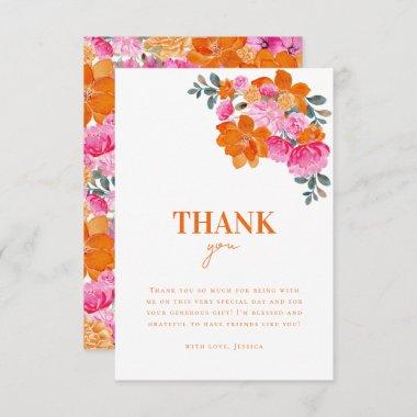 Bright Pink Orange Watercolor Floral Bridal Shower Thank You Invitations