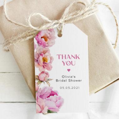 Bright pink peony bridal shower thank you gift tags
