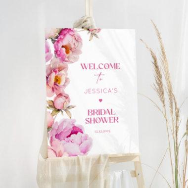 Bright pink petals and prosecco bridal welcome foam board