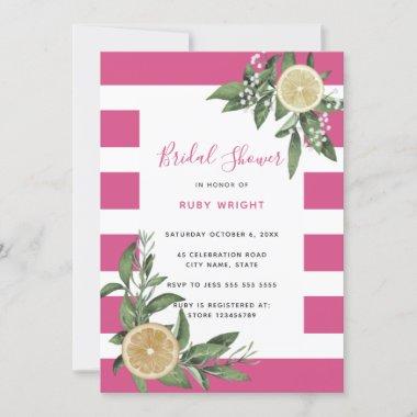 Bright Pink Stripe Lemon Citrus Bridal Shower Invitations