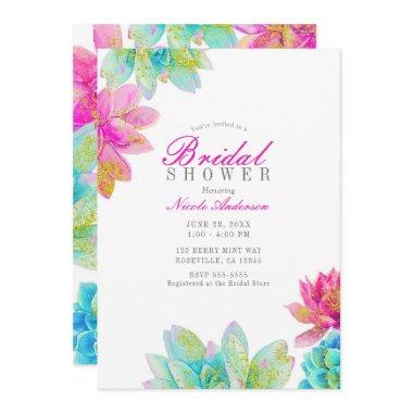 Bright Pink Teal Garden Succulents Bridal Shower I Invitations