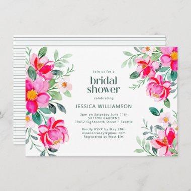 Bright Pink Watercolor Floral Border Bridal Shower Invitations