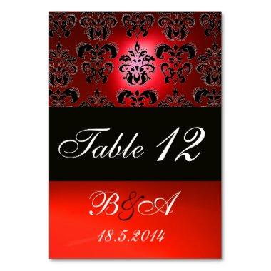 BRIGHT RED BLACK WHITE CLASSY DAMASK MONOGRAM TABLE NUMBER