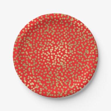 Bright Red & Gold Dots Confetti Elegant Glam Paper Plates