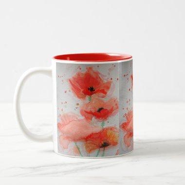 Bright Red Poppies Watercolour Birthday Floral Mag Two-Tone Coffee Mug