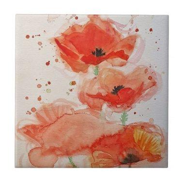 Bright Red Poppies Watercolour Flower Floral Ceramic Tile