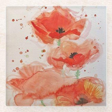 Bright Red Poppies Watercolour Flower Floral Glass Coaster