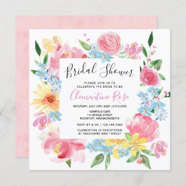 Bright Summer Pink Floral Watercolor Bridal Shower Invitations