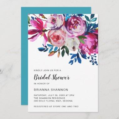 Bright Teal Pink Floral Modern Bridal Shower Invitations