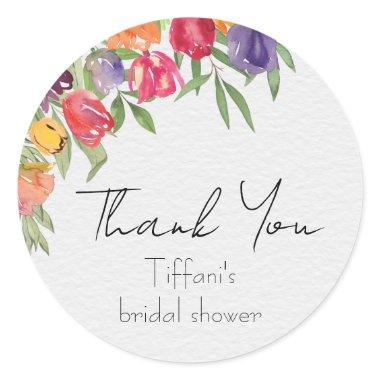 Bright Tulips and Greenery Thank You Bridal Shower Classic Round Sticker