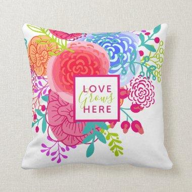 Bright Watercolor Spring Flowers Love Grows Here Throw Pillow