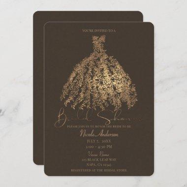 Bronze Brown Botanical Leaves Dress Bridal Shower Invitations