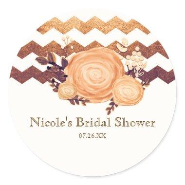 Bronze Glamour Chevron & Floral Fall Bridal Shower Classic Round Sticker