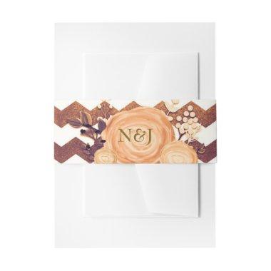 Bronze Glamour Chevron & Floral Fall Bridal Shower Invitations Belly Band