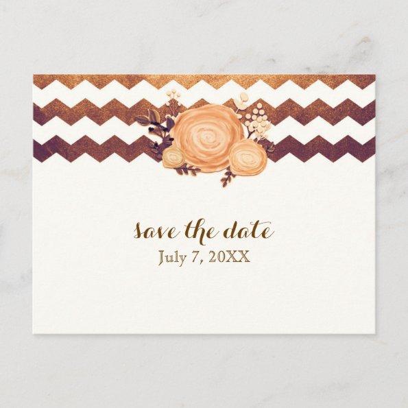 Bronze Glamour Chevron & Floral Fall Save The Date Announcement PostInvitations