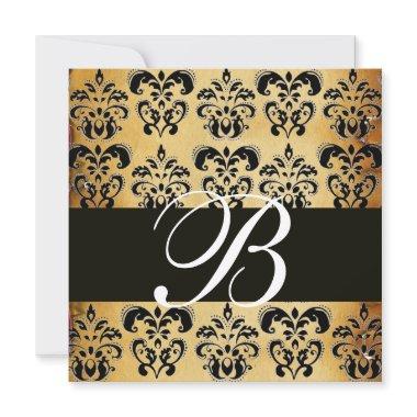 BROWN  BLACK DAMASK PARCHMENT MONOGRAM , white Invitations