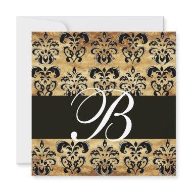 BROWN  BLACK DAMASK PARCHMENT MONOGRAM , white Invitations