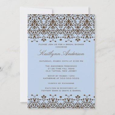 Brown & Blue Damask Bridal Shower Invitations