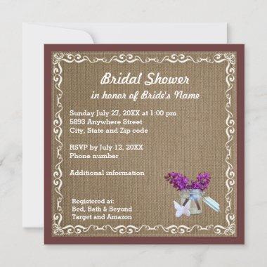 Brown Burlap, Purple Flowers, Jar Bridal Shower Invitations
