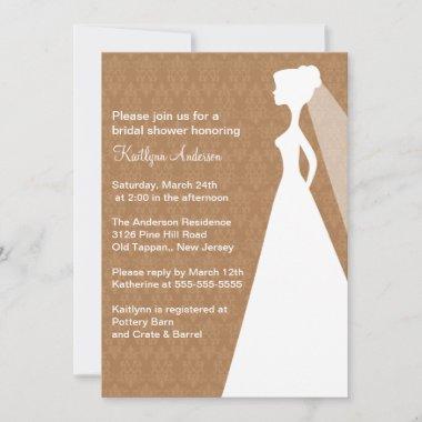 Brown Damask Bride Bridal Shower Invitations