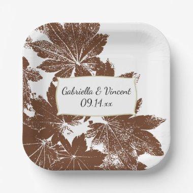 Brown Fall Maple Leaf Stamp Wedding Paper Plates