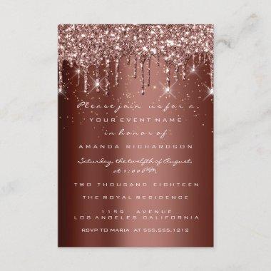 Brown Glitter Drips Rose Birthday Gold Confetti Invitations