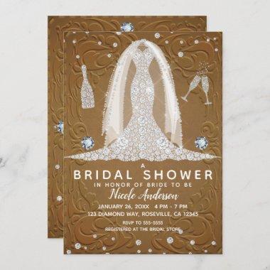 Brown Leather Diamond Wedding Dress Bridal Shower Invitations