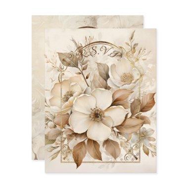Brown Monotone and White Roses Gold Frame RSVP Card
