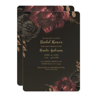 Brown Moody Dark Floral Gold Greenery Bridal Invitations