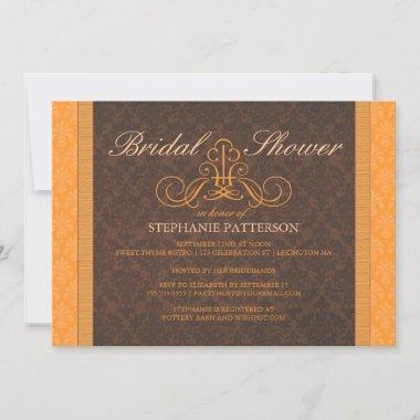 Brown Orange Chic Damask Bridal Shower Invitations