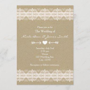 Brown Paper & White Lace Natural Rustic Wedding Invitations