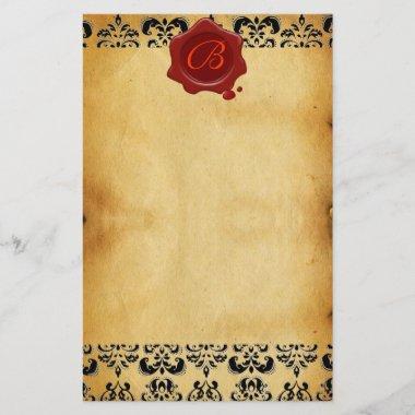 BROWN PARCHMENT DAMASK , RED WAX SEAL MONOGRAM STATIONERY