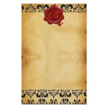 BROWN PARCHMENT DAMASK , RED WAX SEAL MONOGRAM STATIONERY