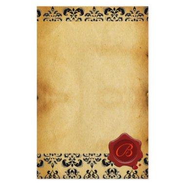 BROWN PARCHMENT DAMASK , RED WAX SEAL MONOGRAM STATIONERY