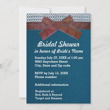 Brown Ribbon, Lace, Blue Burlap Bridal Shower Inv Invitations