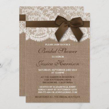 Brown Ribbon On Burlap & Lace Bridal Shower Invitations