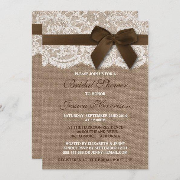Brown Ribbon On Burlap & Lace Bridal Shower Invitations