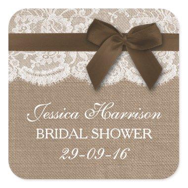 Brown Ribbon On Burlap & Lace Bridal Shower Square Sticker